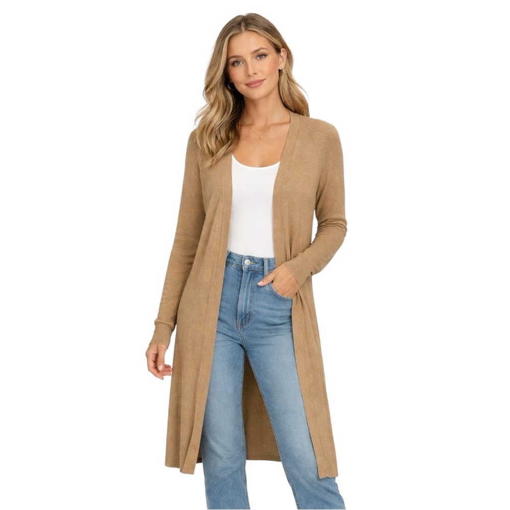 CAbi Tan Longline Duster Cardigan Open Front Sweater Size S